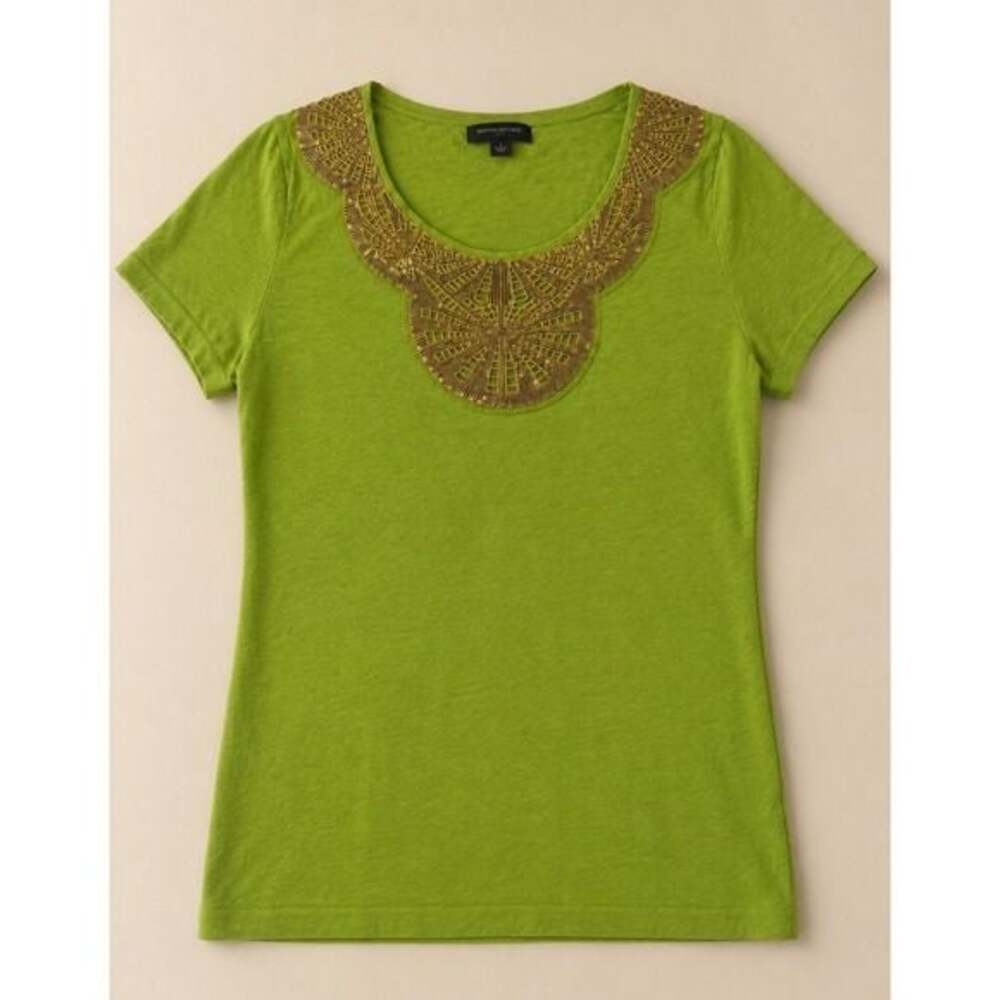 Banana Republic Green Gold Beaded Embellished Neckline Knit Top Size S